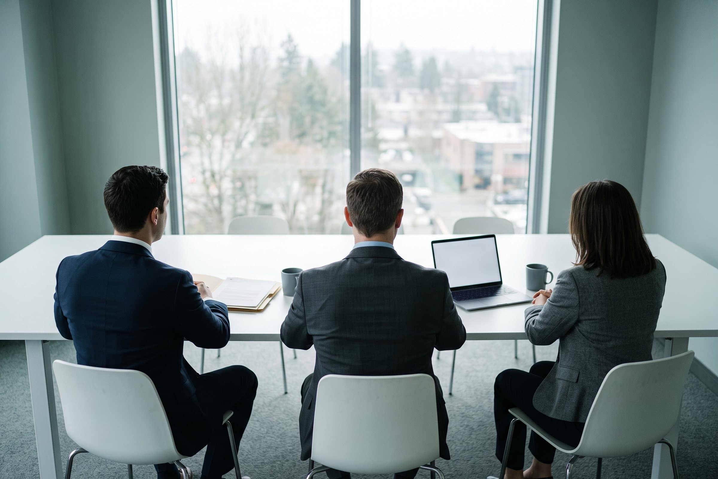 Three attorneys working at a conference table in morning light, seen from behind.